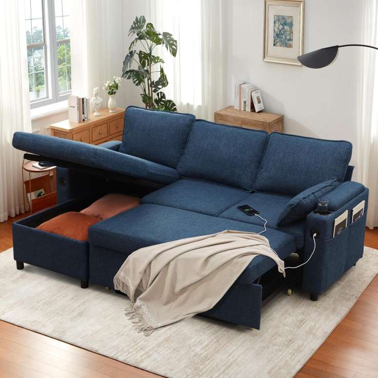DURASPACE Sofa Bed Sleeper Couch with Storage Chaise - Blue Linen