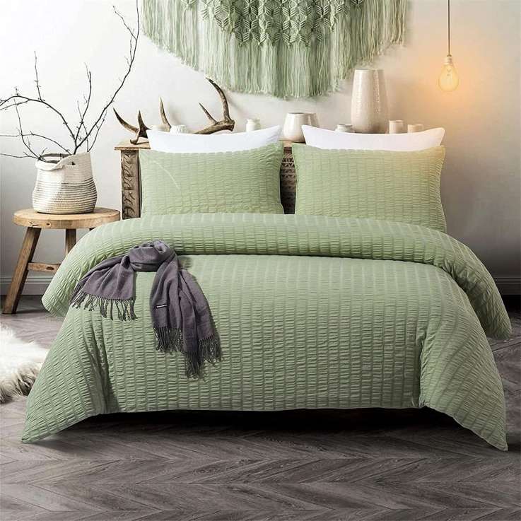 Green Seersucker Duvet Cover Set with Microfiber Material, Zipper Closure & Corner Ties - Double Size (200x200cm)