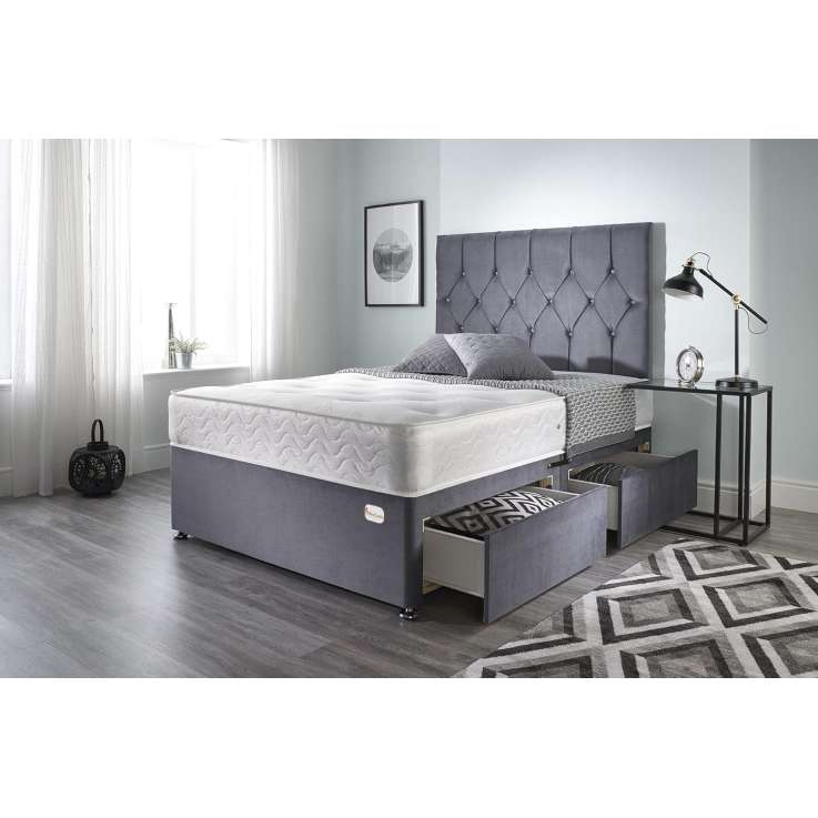 Double Divan Bed with Memory Foam Mattress & Headboard - Grey Plush Velvet