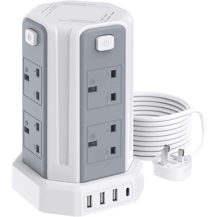 Sameriver Tower Extension Lead with USB, 8 Way Outlets & Surge Protection