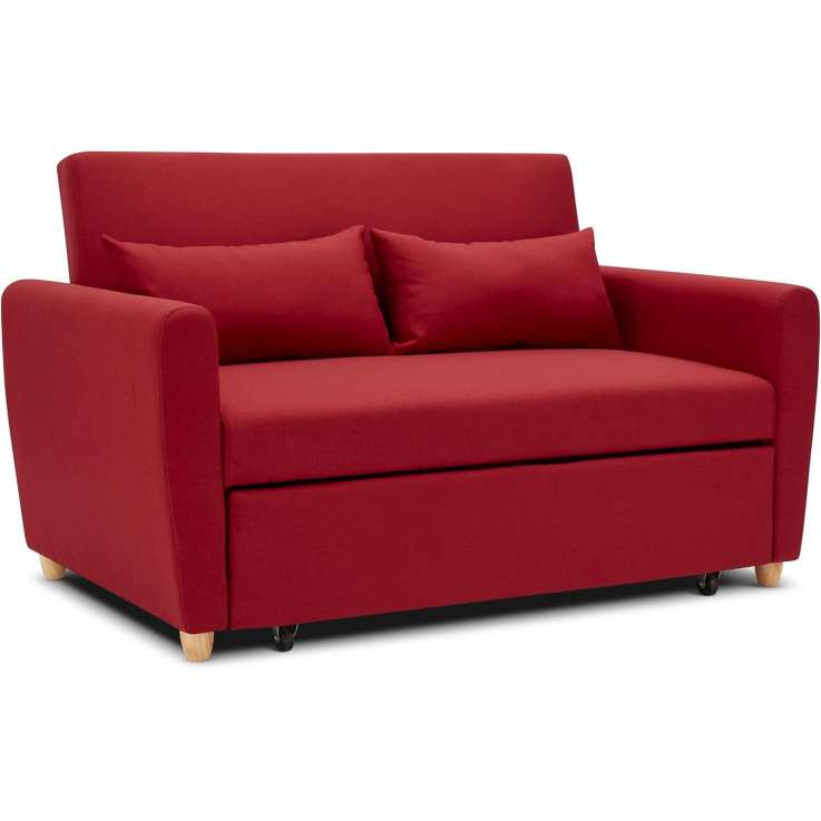Bravich Pull Out Two Seater Sofa Bed - Red Linen Fabric