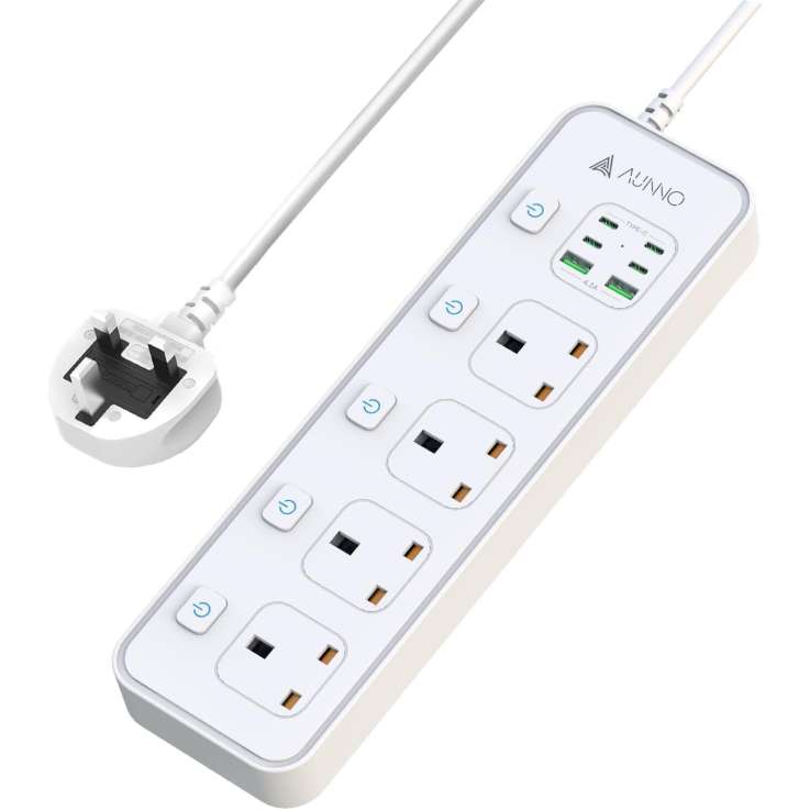 AUNNO 4 Way Extension Lead with USB-C & USB Ports, Surge Protected