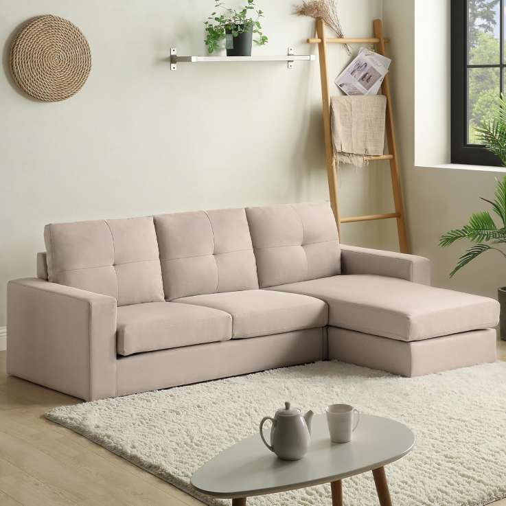 Merax Beige Sectional Sofa Couch with Footrests - 3-Seater Fabric Sofa