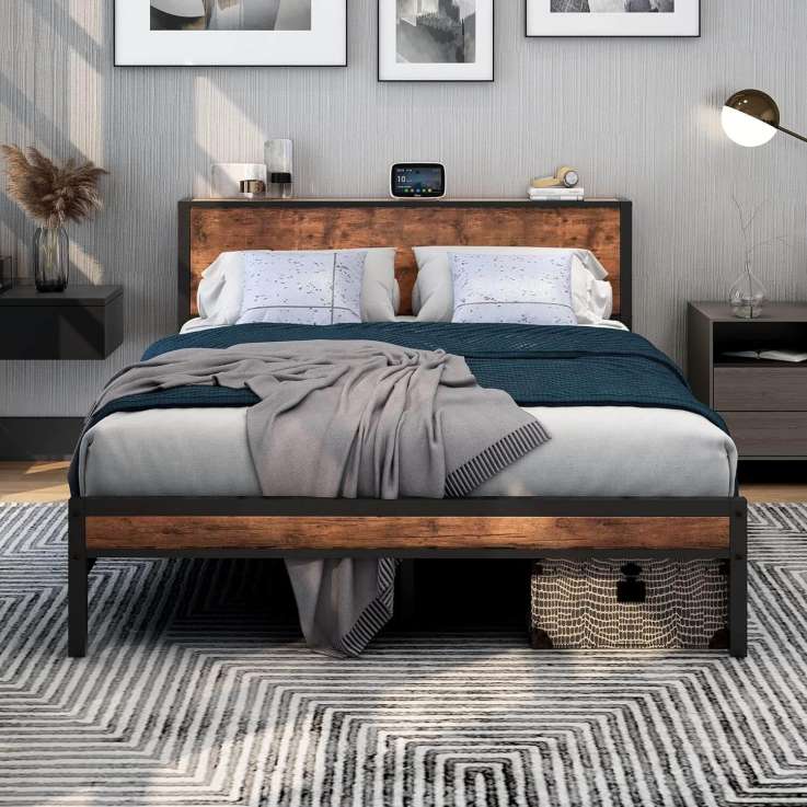 King Size Bed Frame with Headboard Storage - Black & Brown Oak