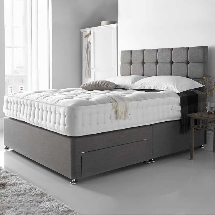 DBZ Beds Double Divan Bed Set with Headboard & 2000 Series Mattress - Grey Linen