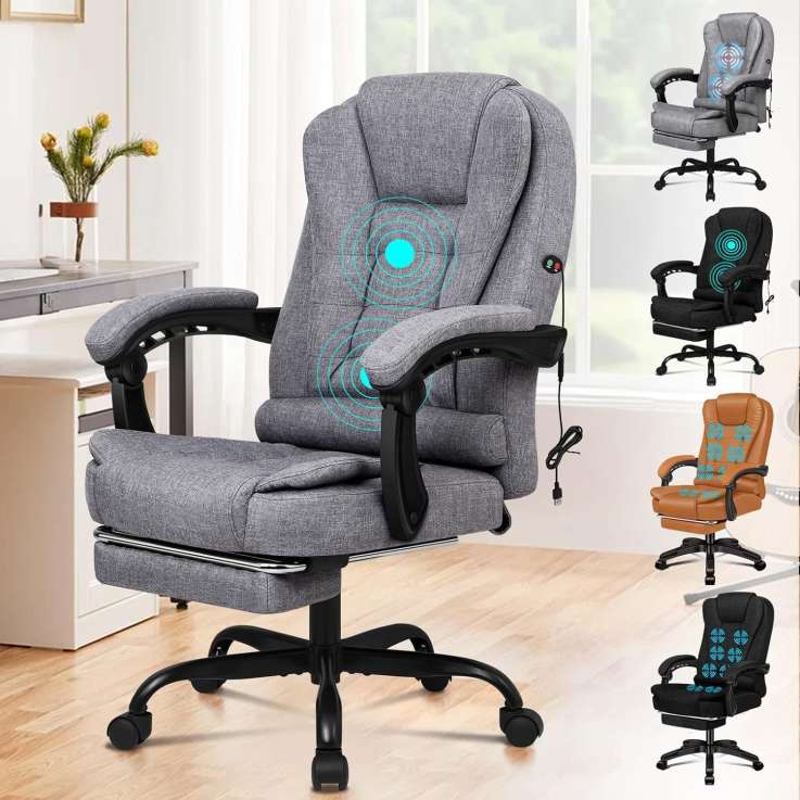 ELFORDSON Massage Office Chair with Recliner & Footrest, Grey Fabric