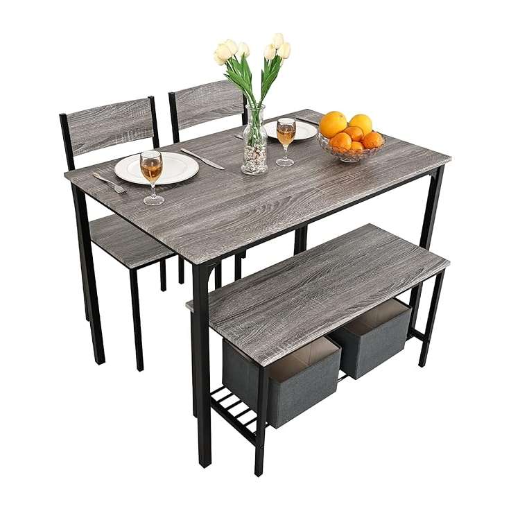 4 Piece Grey Dining Set - Table, 2 Chairs, Bench (PULUOMIS)