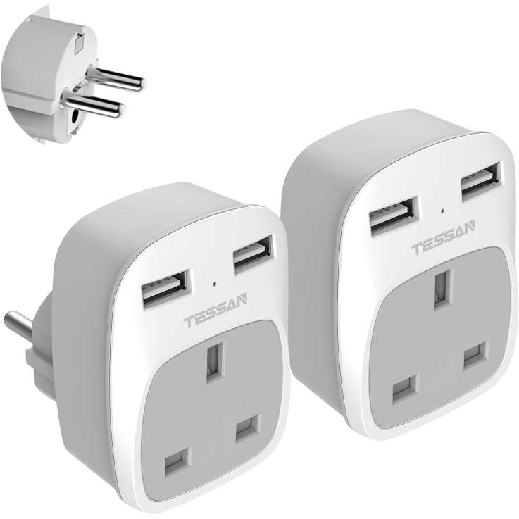 UK to Europe Travel Adapter 2 Pack with Dual USB, Schuko Grounded