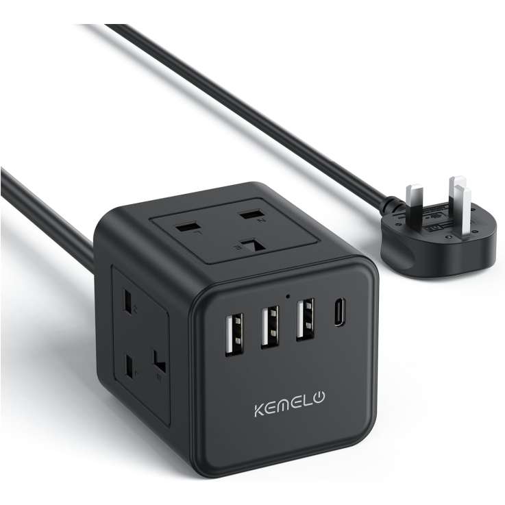 Kemelo Cube Extension Lead with 4 USB Ports, 1.5M Multi Plug Power Strip