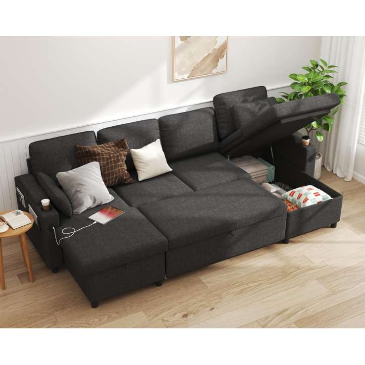 DURASPACE U Shaped Sofa Bed Sleeper with Storage Chaise & USB