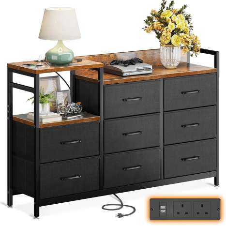 ODK Vintage Fabric Chest of Drawers with 2 USB & 2 AC Ports - 8 Drawers