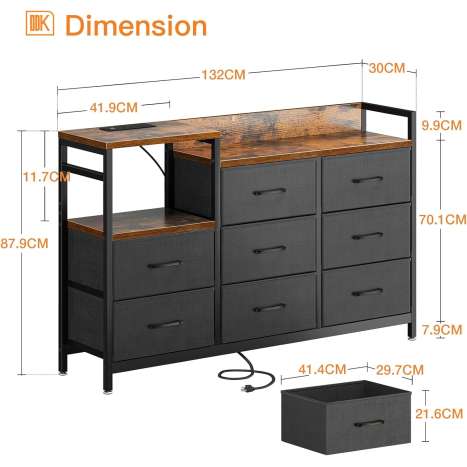 ODK Vintage Fabric Chest of Drawers with 2 USB & 2 AC Ports - 8 Drawers