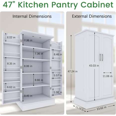 Kitchen Pantry Cabinet - 47" White Pantry Organizer and Storage