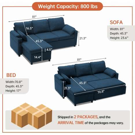 DURASPACE Sofa Bed Sleeper Couch with Storage Chaise - Blue Linen