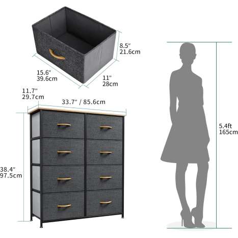 8 Drawer Fabric Dresser with Wood Top - Dark Grey Storage Organizer
