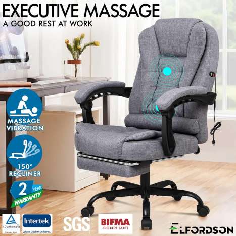 ELFORDSON Massage Office Chair with Recliner & Footrest, Grey Fabric