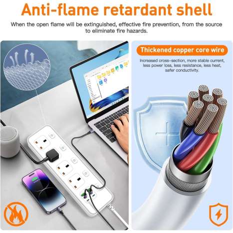 AUNNO 4 Way Extension Lead with USB-C & USB Ports, Surge Protected