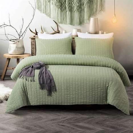 Green Seersucker Duvet Cover Set with Microfiber Material, Zipper Closure & Corner Ties - Double Size (200x200cm)
