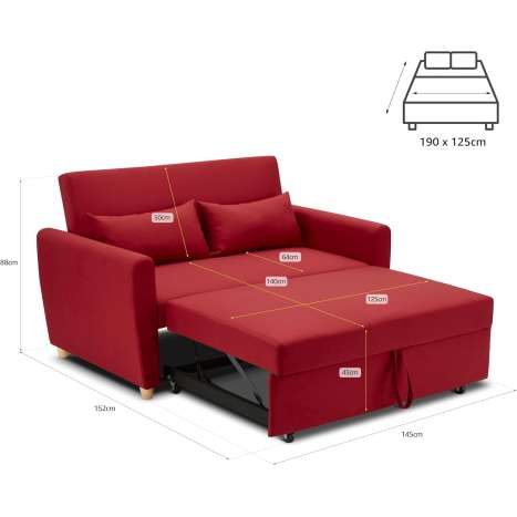 Bravich Pull Out Two Seater Sofa Bed - Red Linen Fabric