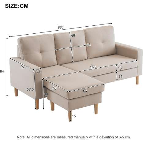 Merax Beige Sectional Sofa Couch with Footrests - 3-Seater Fabric Sofa