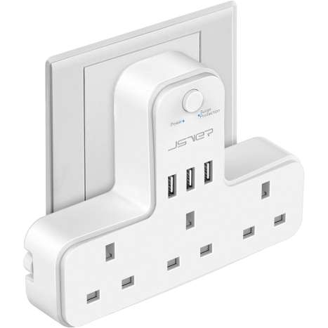 JSVER 3 Way Plug Adapter with USB Charging Ports & Surge Protection