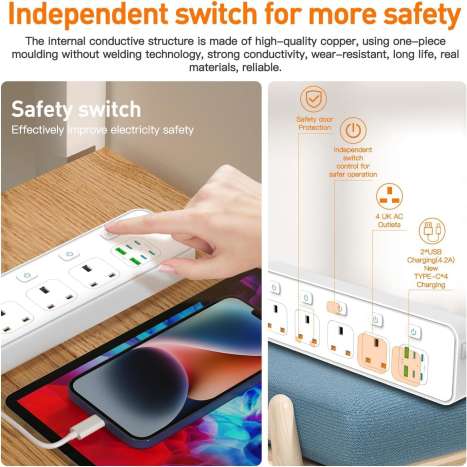 AUNNO 4 Way Extension Lead with USB-C & USB Ports, Surge Protected