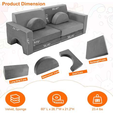 Modular Kids Play Couch - 10-in-1 Convertible Foam Sofa & Building Fort