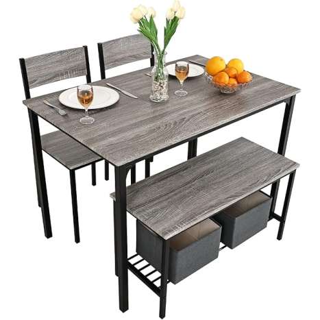 4 Piece Grey Dining Set - Table, 2 Chairs, Bench (PULUOMIS)