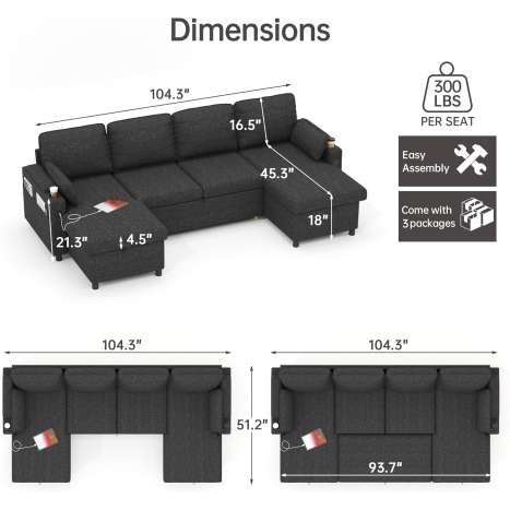 DURASPACE U Shaped Sofa Bed Sleeper with Storage Chaise & USB