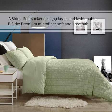 Green Seersucker Duvet Cover Set with Microfiber Material, Zipper Closure & Corner Ties - Double Size (200x200cm)