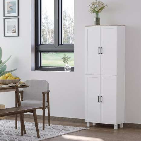 HOMCOM White Kitchen Cupboard - Freestanding Storage Cabinet with Adjustable Shelves