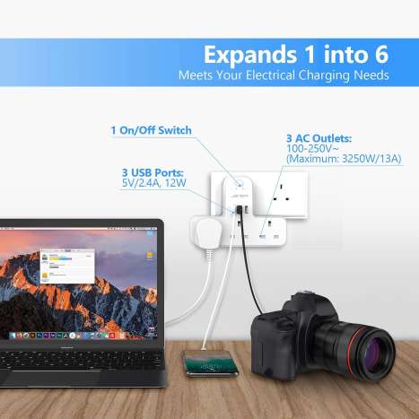 JSVER 3 Way Plug Adapter with USB Charging Ports & Surge Protection