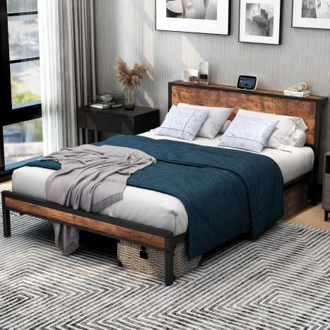 King Size Bed Frame with Headboard Storage - Black & Brown Oak