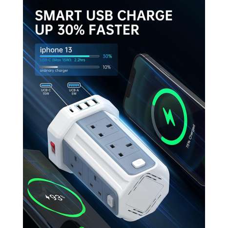 Sameriver Tower Extension Lead with USB, 8 Way Outlets & Surge Protection